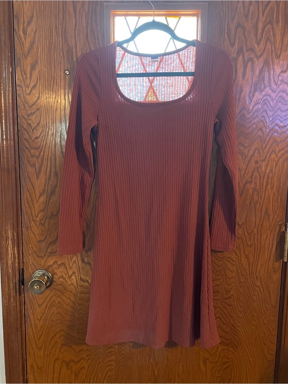 Women's Ribbed Long Sleeve Square Neck Dress - Rust